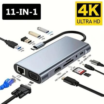 hub usb - Hub USB-C 11-en-1 HDMI, VGA, charge rapide PD, RJ45, USB, audio, SD/TF. - INFINITY WEEB Algérie