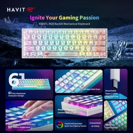 havit kb877l - Havit KB877L Clavier de jeu mécanique à membrane - 61 touches rétroéclairées RVB avec touches multimédia, USB-C filaire transparent - INFINITY WEEB Algérie